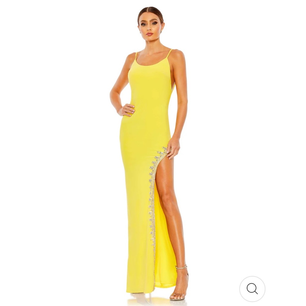 Mac Duggal RHINESTONE ENCRUSTED SIDE SLIT CAMI BODYCON GOWN